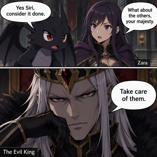 Anime Raish in a speech bubble says,”Yes Siri,consider it done.”  Zara says in speech bubble,” What about the others, your majesty.”  In a close up  The Evil King in a speech bubble says, “Take care of them,” 