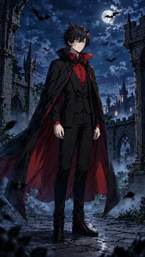 Anime-style person in a black suit and red scarf standing in a moonlit, ruined city.