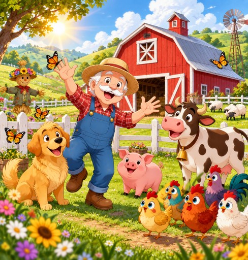 Colorful anime-style farm scene with a person, barn, and cheerful animals in a flowered field.