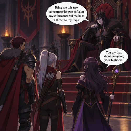 Anime Style The Evil King talks to The Generals in a background Castle Court room the three generals in front of The Evil King.  Raish - Male - Warrior  Aura - Female - Archer   Zara- Female with wand  The Evil King Says in speech bubble “ Bring me this new adventurer known as Valor my informants tell me he is a threat to my reign”  Zara in speech bubble says, “ You say that about everyone, your highness.”  