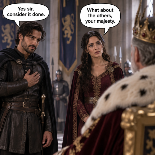 Raish in a speech bubble says,”Yes sir,consider it done.”  Zara says in speech bubble,” What about the others, your majesty.”