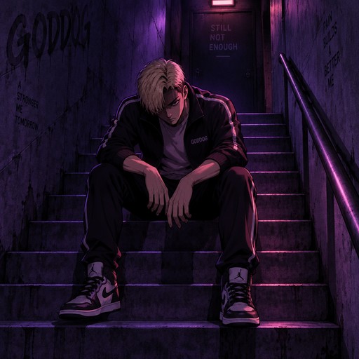 Create an ultra-high-quality, cinematic anime wallpaper featuring **Zack Lee from the Korean manhwa LOOKISM, created by Park Tae-jun (PTJ)**. Accurately reproduce Zack Lee's recognizable character design and the exact visual aesthetic of the reference video.

**CHARACTER — ZACK LEE (LOOKISM):**

Depict Zack Lee in his recognizable *Lookism* manhwa style, with his signature blond hair, sharp facial features, athletic physique, and distinctive character design. Preserve his recognizable appearance from the manhwa rather than replacing him with a generic black-haired anime character.

Show Zack Lee sitting alone on a concrete staircase, leaning forward with his elbows resting on his knees and his hands hanging loosely between his legs. His head is slightly lowered, and his expression conveys exhaustion, isolation, quiet anger, and unwavering determination. His posture should feel natural and powerful, capturing the darker, more introspective side of Zack Lee.

**SCENE AND COMPOSITION:**

A dark, enclosed concrete stairwell with broad geometric steps and deep purple walls. Zack Lee sits near the center of the frame, with his full seated body and sneakers visible. Use a slightly elevated, three-quarter camera angle. The surrounding architecture should create strong diagonal lines that draw attention toward Zack.

**LIGHTING AND COLOR PALETTE:**

Deep violet, midnight purple, indigo blue, charcoal black, and subtle crimson-pink highlights. Purple light spills across the stairs and walls, creating dramatic shadows. A soft reddish-pink glow illuminates portions of Zack's face, neck, and clothing. Add cinematic rim lighting around his silhouette.

Use rich shadows, controlled highlights, subtle atmospheric haze, and delicate film grain. The purple illumination should dominate the image without obscuring Zack's facial features or signature blond hair.

**ART STYLE — LOOKISM MANHWA:**

Faithfully inspired by the original *Lookism* manhwa by Park Tae-jun (PTJ), combining its re