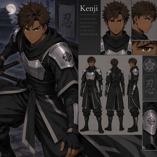 a male black ninja named Kenji with silver shoulder armor, silver chest armor black robes with gray accents, black belt, brown skin, spiky brown hair, brown eyes, and he has a serious brave expression.