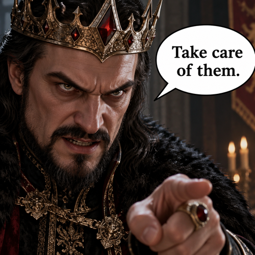 In a close up  The Evil King in an evil dramatic expression is a speech bubble says, “Take care of them.”