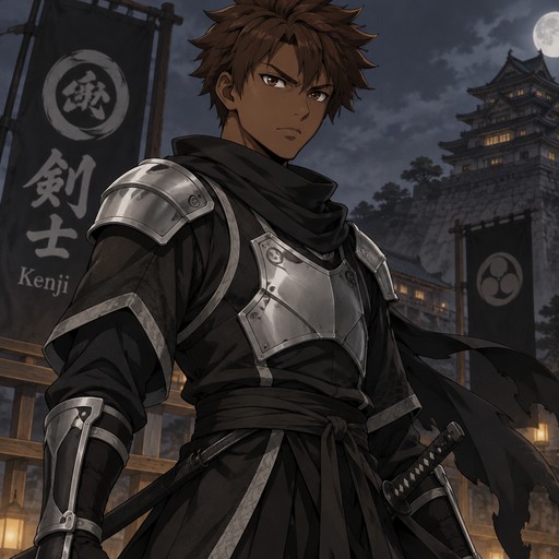 a male black ninja named Kenji with silver shoulder armor, silver chest armor black robes with gray accents, black belt, brown skin, spiky brown hair, and brown eyes, and he has a serious brave expression.
