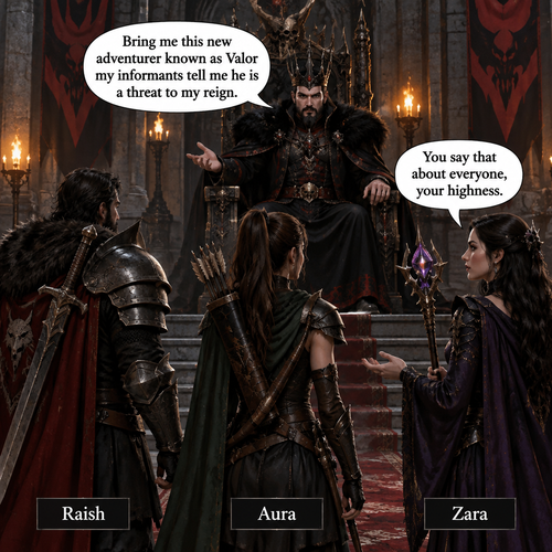 The Evil King talks to The Generals in a background Castle Court room the three generals in front of The Evil King.  Raish - Male - Warrior  Aura - Female - Archer   Zara- Female with wand  The Evil King Says in speech bubble “ Bring me this new adventurer known as Valor my informants tell me he is a threat to my reign”  Zara in speech bubble says, “ You say that about everyone, your highness.”   Create Images The Evil King talks to The Generals in a background Castle Court room the three generals in front of The Evil King.  Raish - Male - Warrior  Aura - Female - Archer   Zara- Female with wand  The Evil King Says in speech bubble “ Bring me this new adventurer known as Valor my informants tell me he is a threat to my reign”  Zara in speech bubble says, “ You say that about everyone, your highness.”  