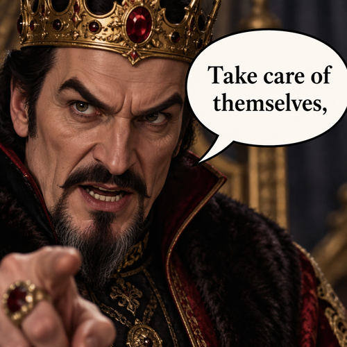 In a close up  The Evil King in a speech bubble says, “Take care of themselves,” 