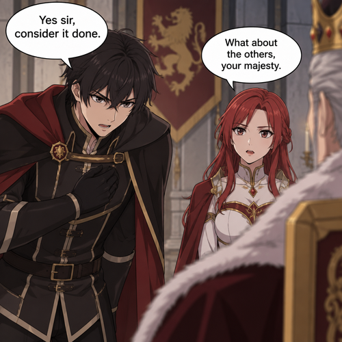 Anime : Raish in a speech bubble says,”Yes sir,consider it done.”  Zara says in speech bubble,” What about the others, your majesty.”