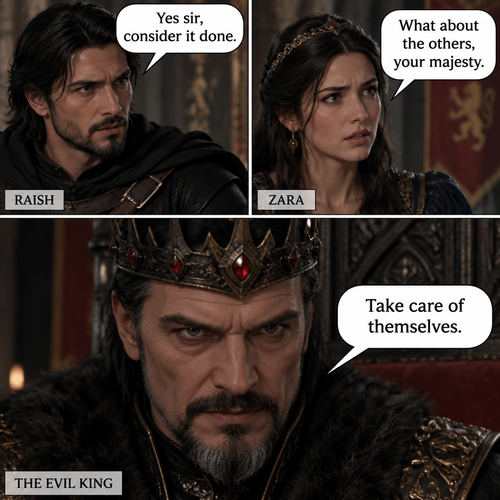 Raish in a speech bubble says,”Yes sir,consider it done.”  Zara says in speech bubble,” What about the others, your majesty.”  In a close up  The Evil King in a speech bubble says, “Take care of themselves,” 