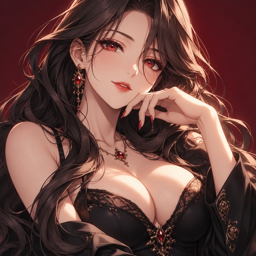 A beautiful adult anime woman with a cute face, confident expression, long flowing hair, glamorous fashion, elegant figure, stylish fitted outfit, tasteful neckline, dramatic lighting, rich colors, polished Japanese anime artwork, sophisticated and alluring atmosphere, clean background, square 1:1 composition for a social media profile picture.