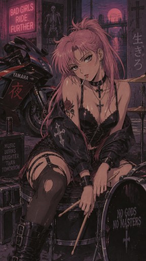 Cute Pink hair Anime Girl with Drumsticks that has a Motorbike parked nearby and is gothic. She should be very sexy and rebel like
