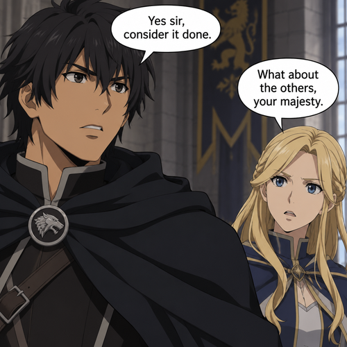 Anime : Raish in a speech bubble says,”Yes sir,consider it done.”  Zara says in speech bubble,” What about the others, your majesty.” Not seeing the king the red head an bruenette archer with green clothing