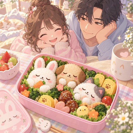 A bento box with rice shaped like sleepy animals