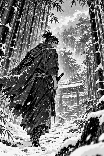 A samurai walking through a bamboo forest in falling snow