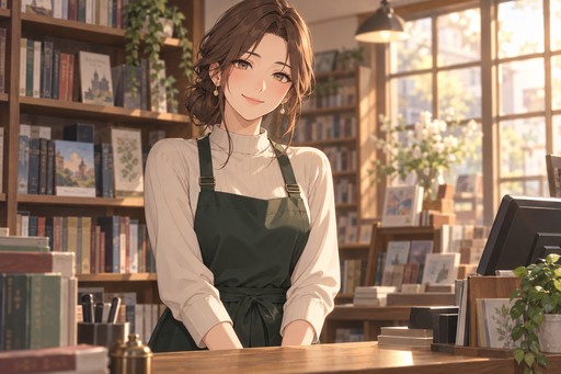 A bookstore clerk smiling behind the counter in warm afternoon light