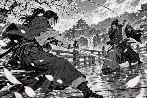 Two swordsmen dueling on a wooden bridge as cherry petals blow past