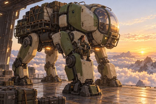 A pilot resting on the leg of a four-legged cargo walker at sunrise above the clouds