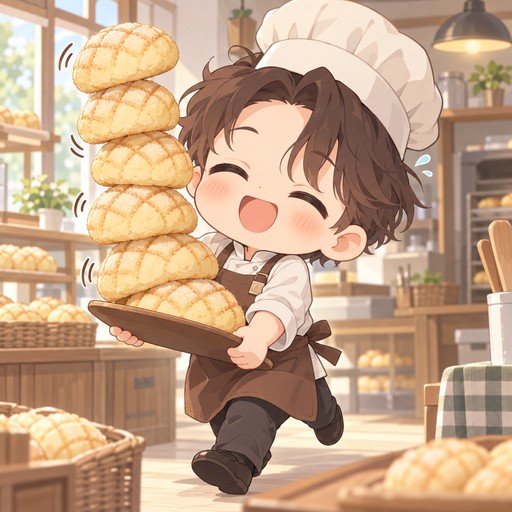A cheerful baker carrying a wobbling tower of melon bread