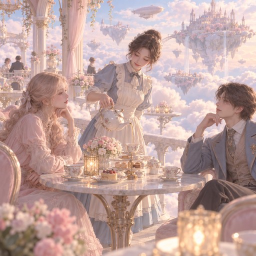 A cafe floating among the clouds where a waitress pours tea