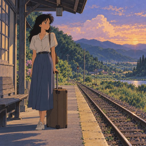 A woman with a suitcase waiting on a quiet countryside train platform in summer