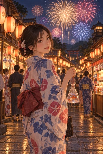 A woman in a yukata holding a goldfish bag on a lantern-lit festival street as fireworks bloom overhead