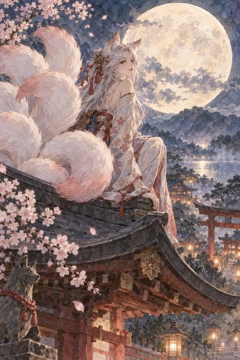 A nine-tailed fox spirit resting on a shrine roof under a huge full moon