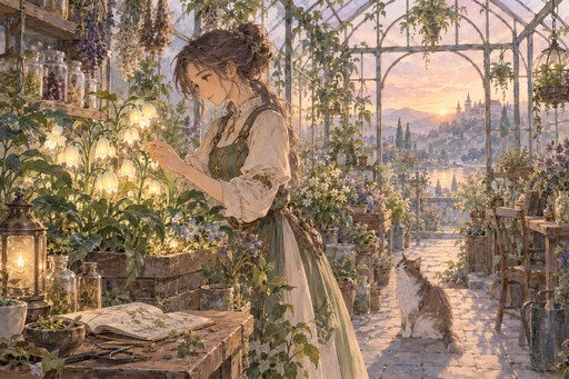 A herbalist tending glowing plants in a glass greenhouse at dawn