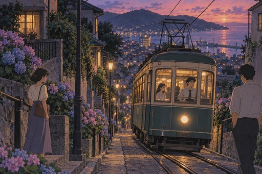 A tram climbing a steep hillside street lined with hydrangeas on a summer evening