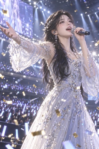 A singer in a long-sleeved floor-length gown mid-song on stage, seen from the waist up, with confetti, spotlights and a sea of light sticks