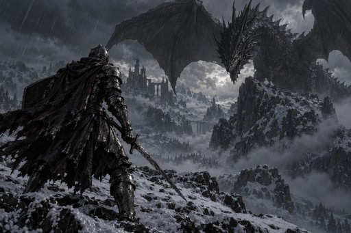 A knight in battered armor facing a dragon on a snowy mountain ridge