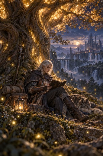 A silver-haired mage reading under a giant glowing tree surrounded by fireflies