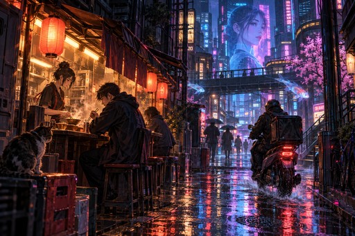 A rain-soaked neon alley with a warm ramen stall and a courier passing on a scooter