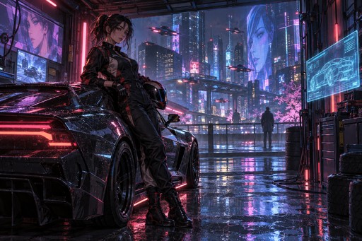 A racing driver leaning on a car in a neon-lit garage at night