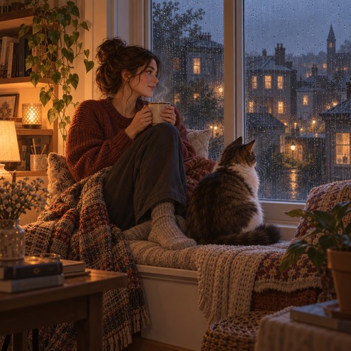 A woman and her cat on a windowsill on a rainy evening with a steaming cup of tea