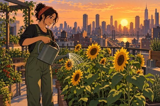 A gardener watering sunflowers in a rooftop garden above a busy city at golden hour