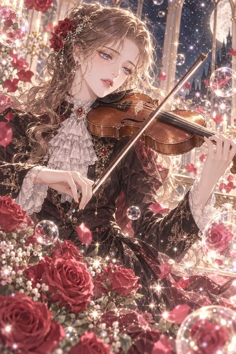 A violinist surrounded by roses and drifting sparkles