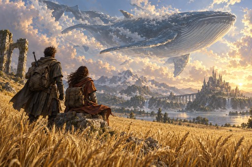 A giant whale swimming through the sky above a wheat field as two travelers watch