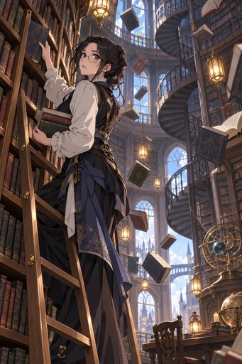 A scholar on a ladder inside a tower library with spiral stairs and floating books