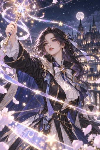 A magical guardian in a high-collared long coat raising a star wand, seen from the waist up, ribbons of starlight over a night skyline
