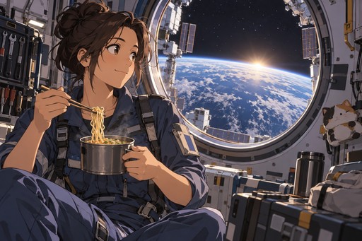 A mechanic eating noodles by a space station window as the Earth rises