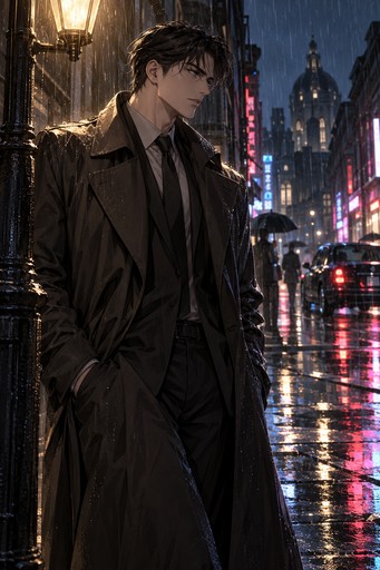 A detective in a long coat under a streetlamp with rain and neon reflections
