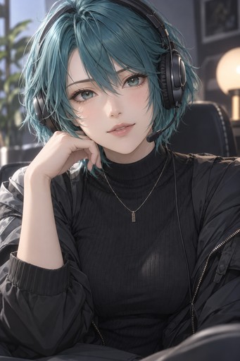A portrait of a woman with short teal hair and a headset in soft studio light