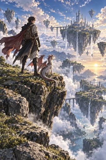 A traveler and a small dragon on a cliff overlooking floating islands