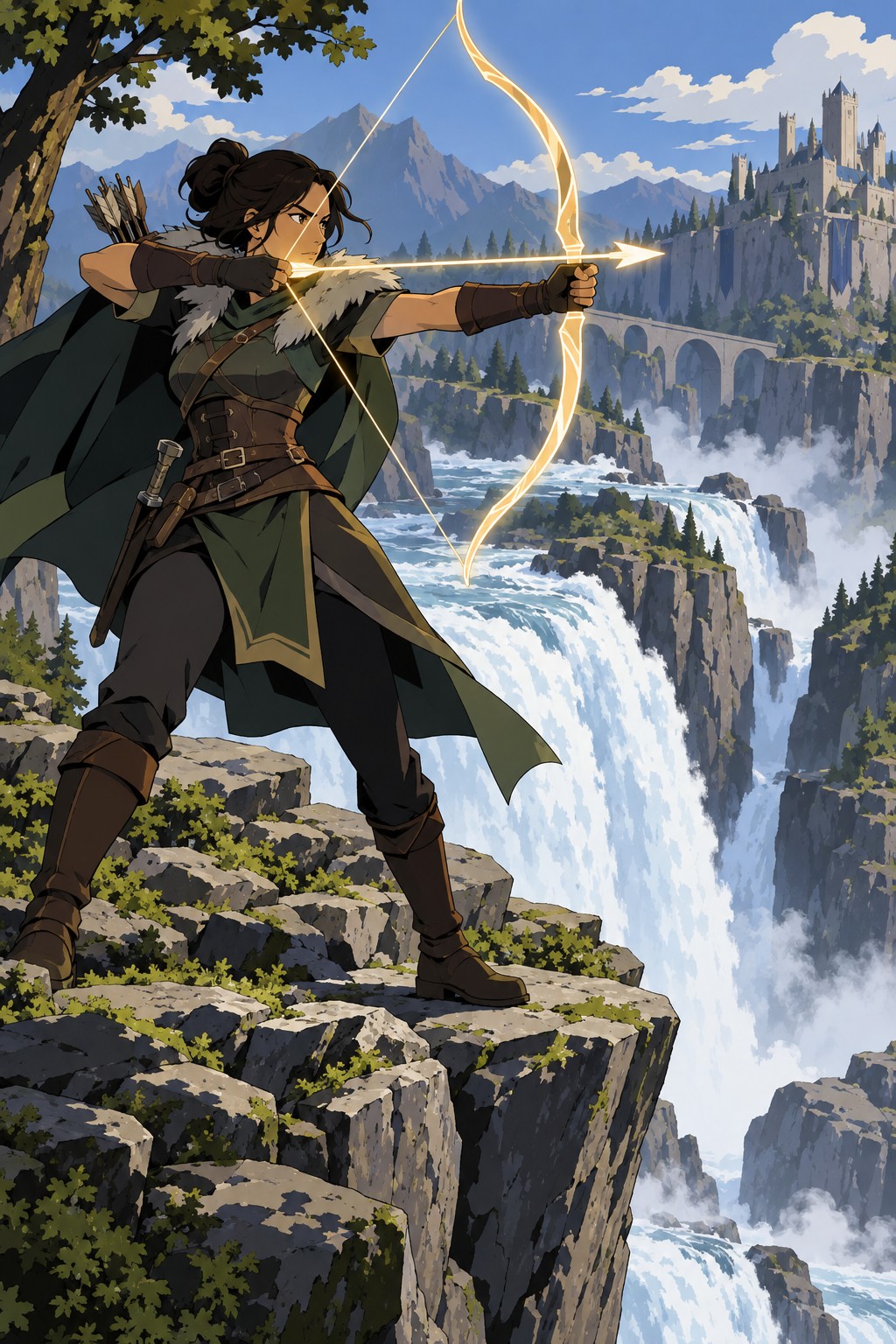An archer drawing a glowing bow at the edge of a waterfall