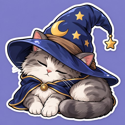 A sleepy cat wearing an oversized wizard hat